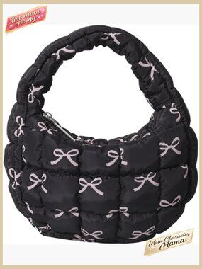 Quilted Puffer Mini Tote Bag Lightweight Nylon Hobo Handbag Trendy Bow Detail